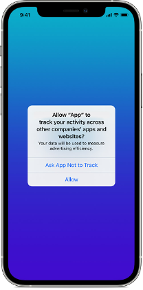 iPhone with iOS 14.5 popup asking if you will allow "app" to track activity across your devices
