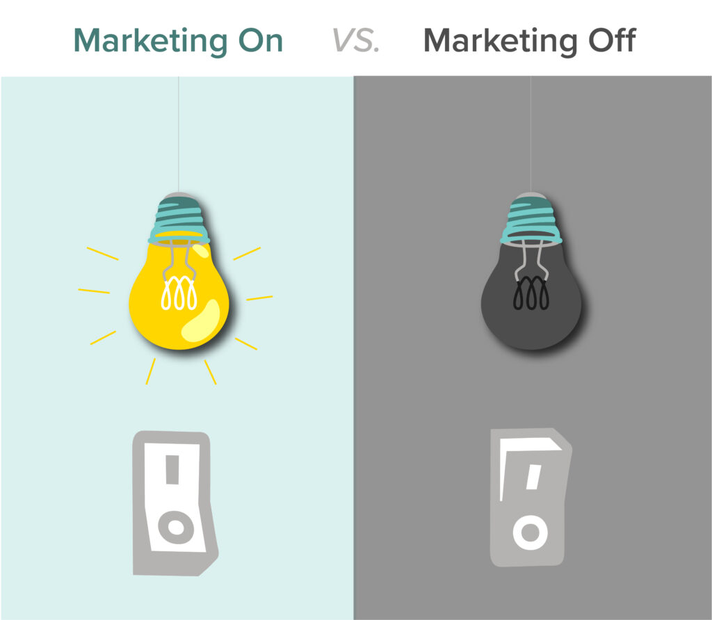 marketing on vs. marketing off light bulb graphic