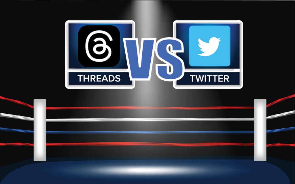 Threads vs. Twitter logos in boxing ring